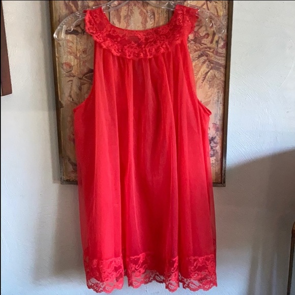 60s 70s VINTAGE | VANITY FAIR RED DOUBLE LAYER NYLON LACE VINTAGE LINGERIE SHEER - Picture 4 of 11